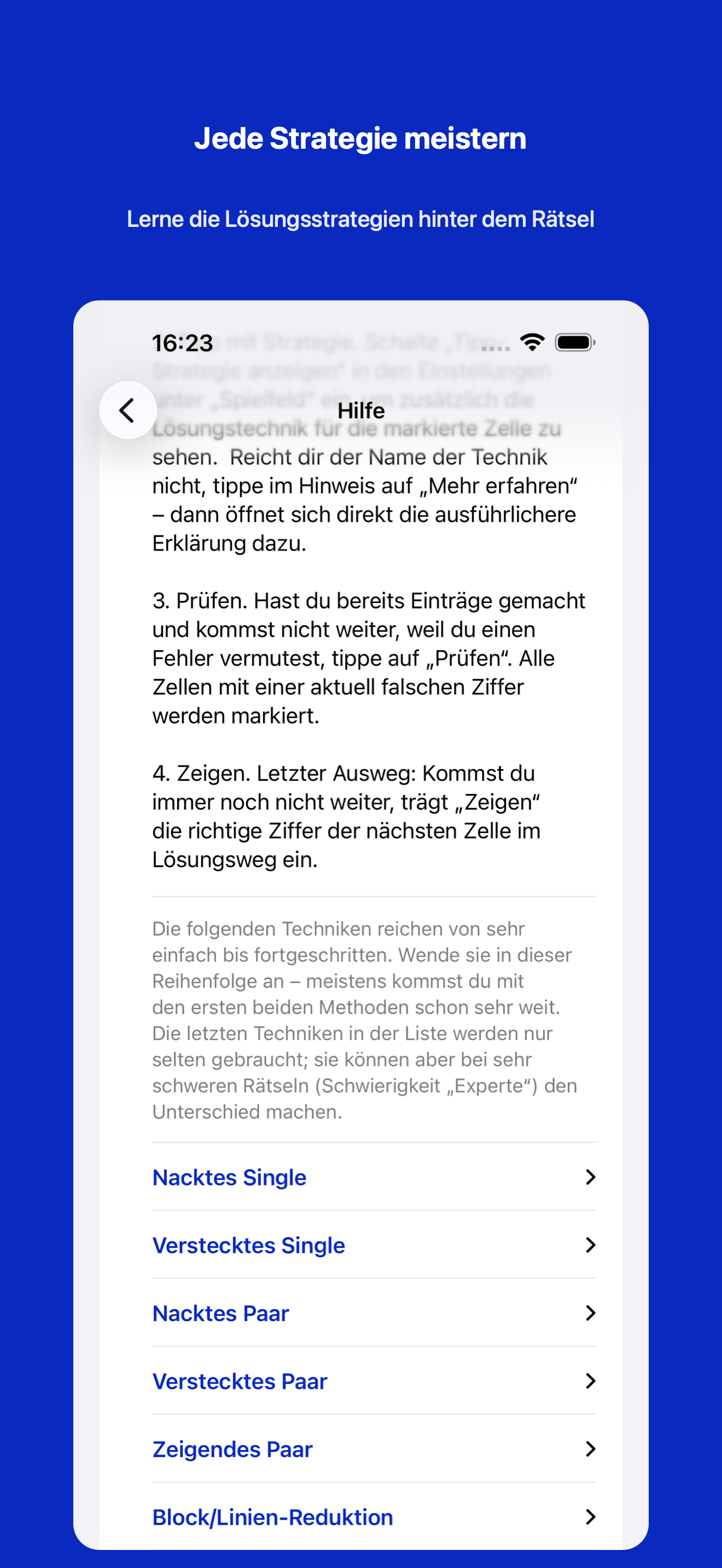 In-App-Hilfe mit Regeln, Bedienung und L&ouml;sungsstrategien
